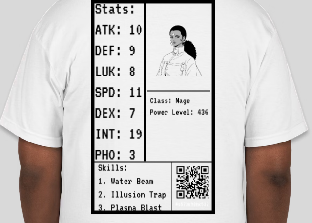 A T-shirt with a design resembling a video game character profile, including stats, a portrait, class, power level, skills, and a QR code.