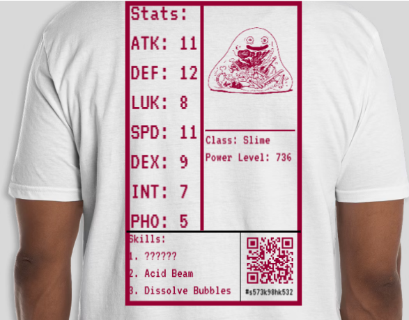 T-shirt with an image of a slime creature, displaying video game stats, skills, and a QR code on a white shirt.