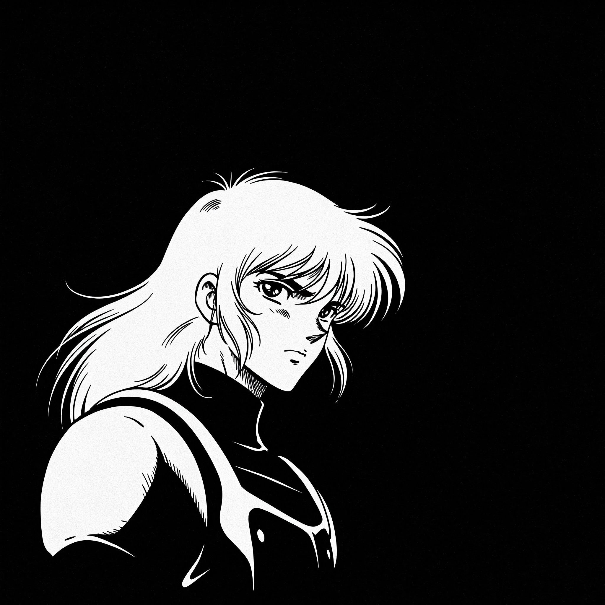 Black and white illustration of a female figure with flowing hair and a bird skull on her shoulder.
