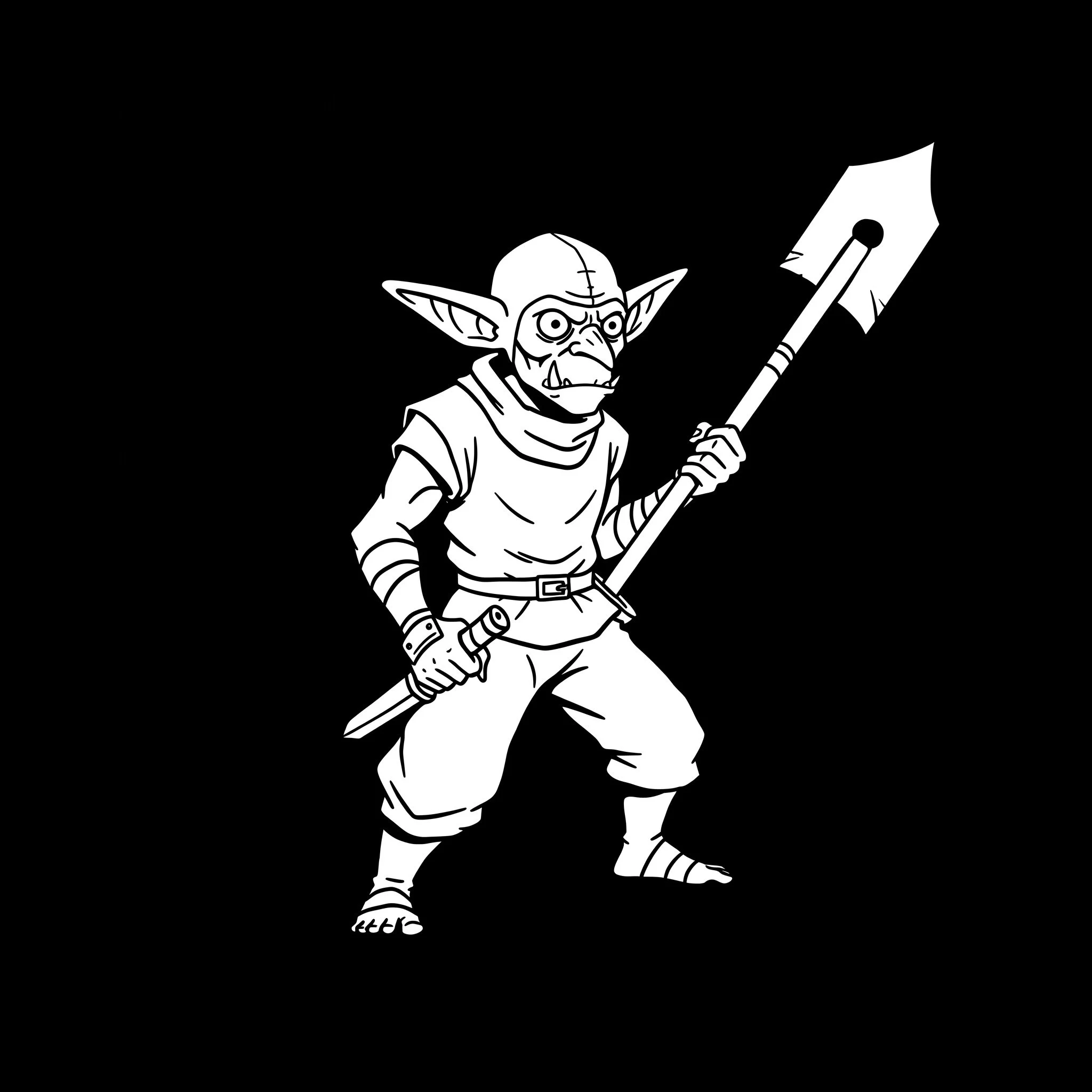 Black and white drawing of Yoda from Star Wars, holding a staff and looking serious.