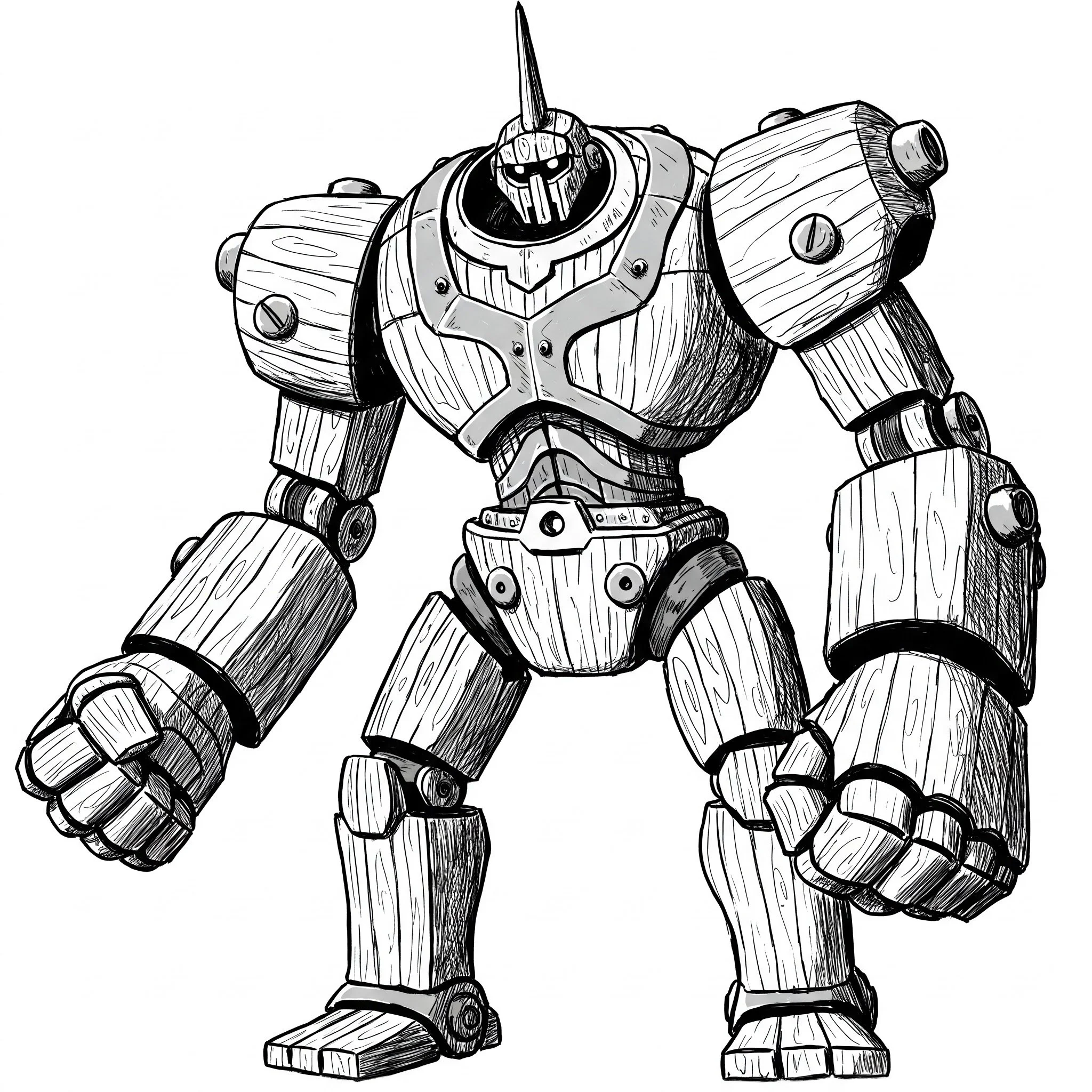 A drawing of a robot with armor and a horn on its forehead, standing with fists raised.