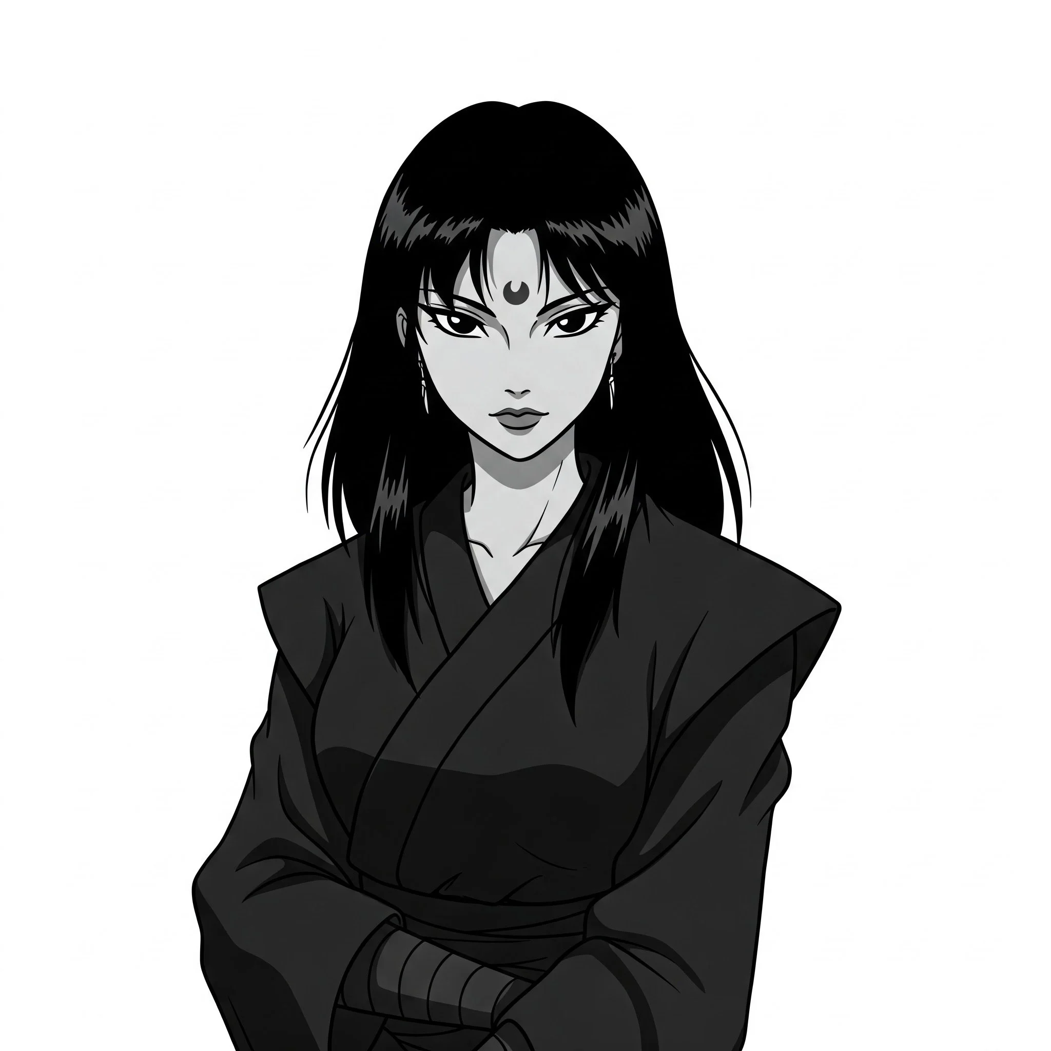 A black and white illustration of a woman with long black hair, strong eye makeup, and a crescent moon symbol on her forehead, dressed in traditional clothing with her arms crossed.