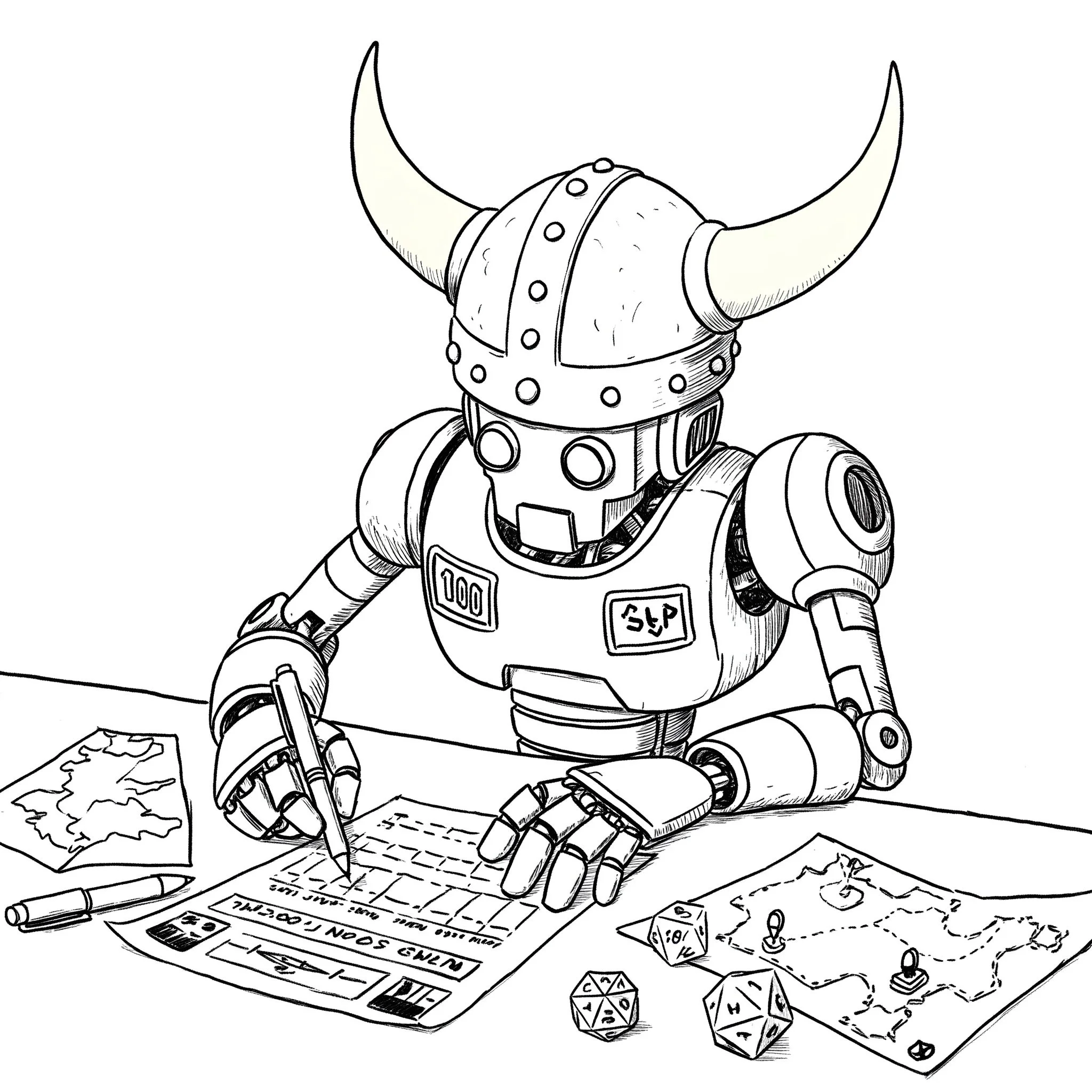 Black and white line drawing of a tabletop role-playing game setup, including a map, character sheets, dice, and game pieces.
