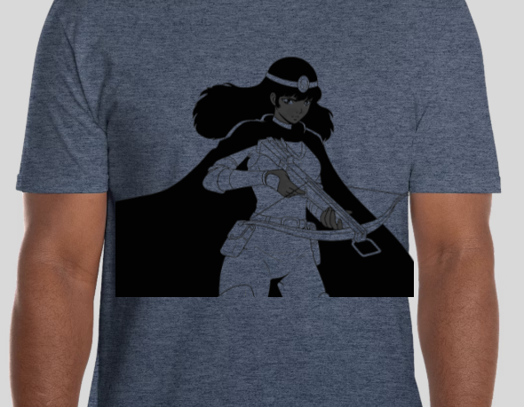 T-shirt featuring an illustration of a female warrior with a sword, wearing a headband and a cape.