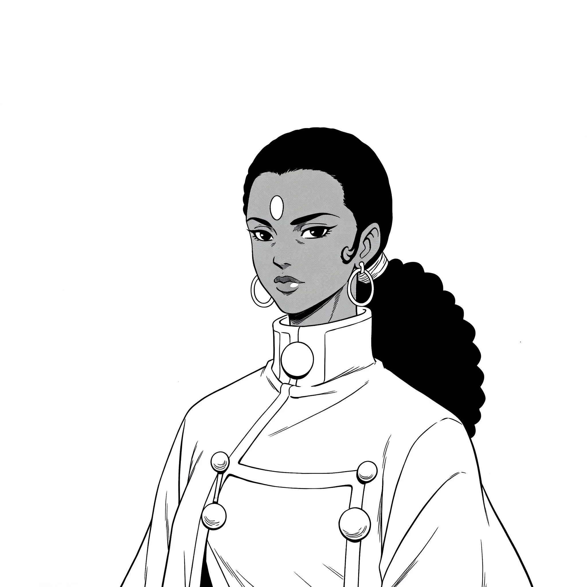 Black and white illustrated portrait of a woman with dark hair styled back, wearing hoop earrings and a high-collared outfit with button details.