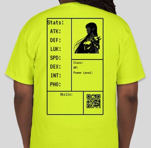 Back of a bright yellow shirt featuring a character silhouette, a game stats grid, a QR code, and sections labeled for class, HP, power level, skills, and an image of a superhero character.