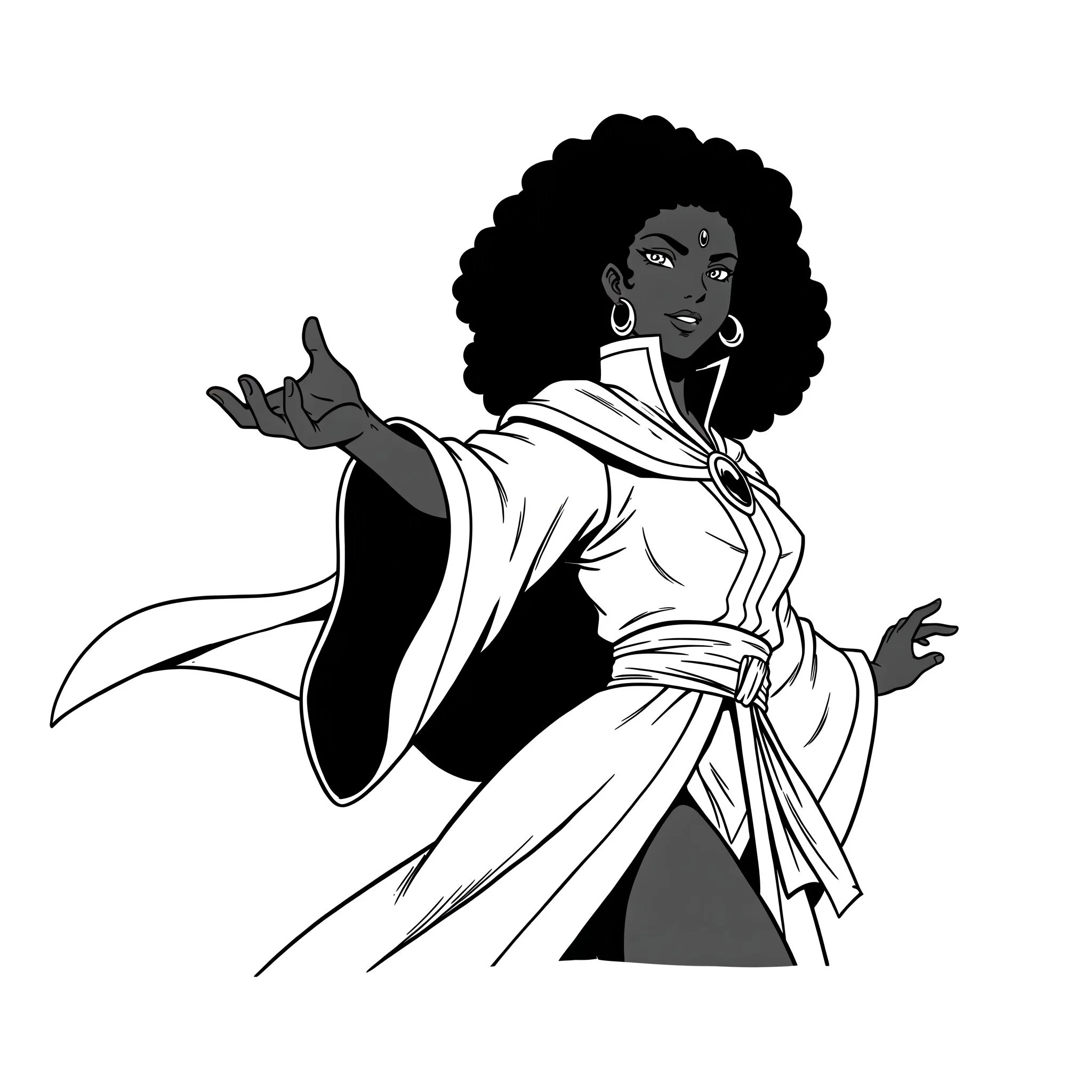 Black and white illustration of a woman with curly hair, wearing earrings and a cloak, with one hand extended outward.