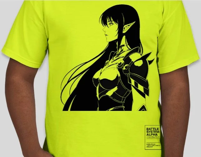 Bright yellow T-shirt featuring a black graphic of a female elf with long hair and pointed ears, wearing armor.