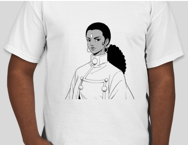 Illustration of a woman with dark hair in a ponytail, wearing a high-collared outfit with buttons, earrings, and a forehead decoration.