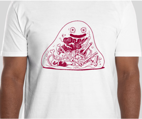 White T-shirt with a pink illustration of a smiling slime monster made of various bones and objects in a cartoon style.