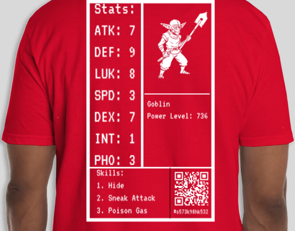 Red T-shirt featuring a pixel art-style game character, a goblin wielding a spear, along with game stats like attack, defense, luck, speed, dexterity, intelligence, philosophy, and skills, including a QR code.
