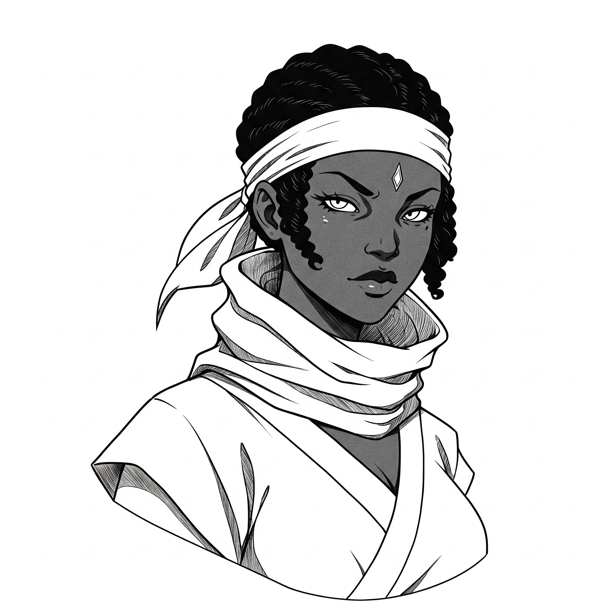 Black and white illustration of a woman with braided hair wearing a headband and a scarf around her neck.