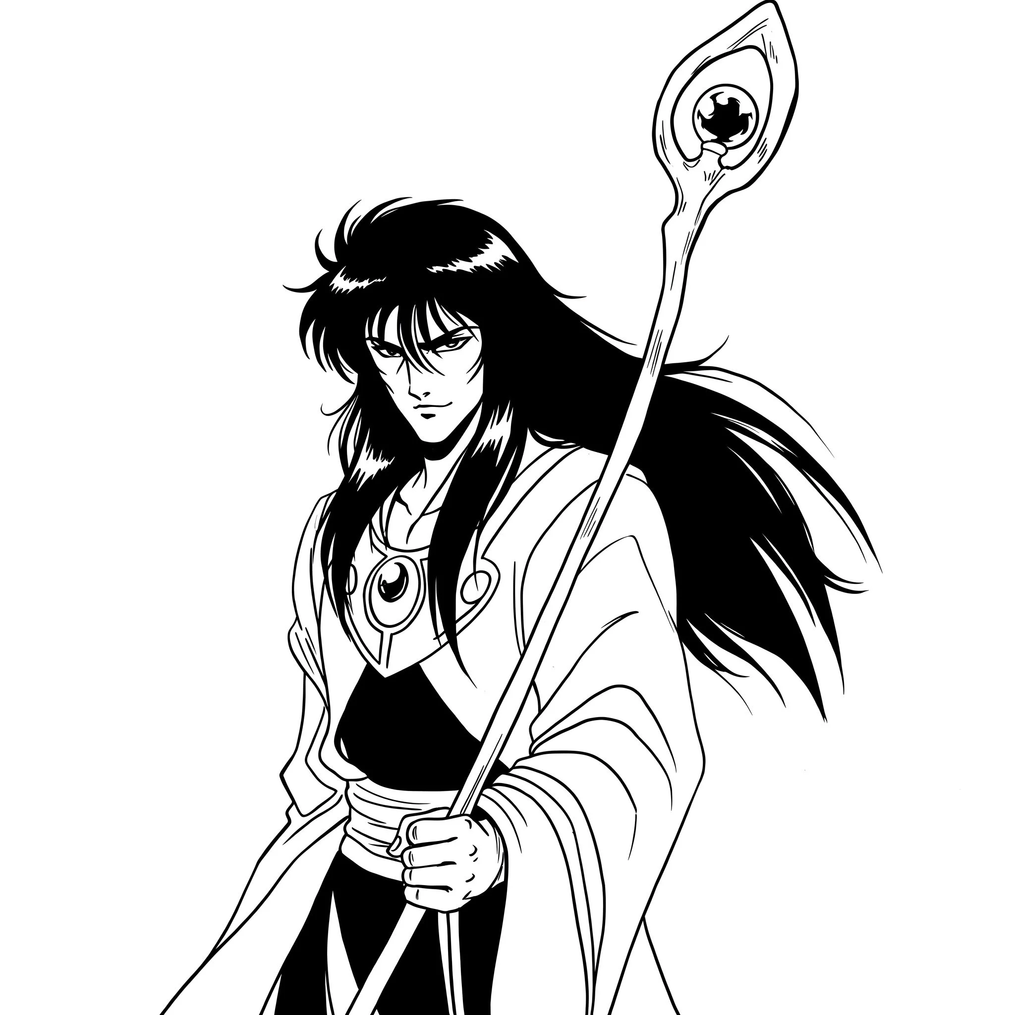 Black and white drawing of a character with long hair, wearing traditional clothing, and holding a staff.