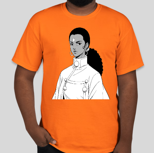 A person wearing an orange T-shirt with a black and white illustration of a woman with earrings and a high collar.