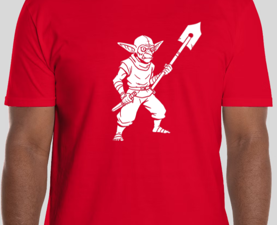 Red t-shirt with a white graphic of a goblin holding a spear.