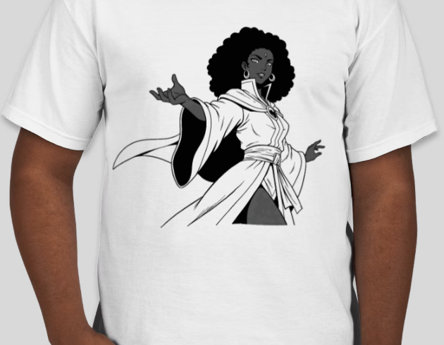 A person wearing a white t-shirt with a black-and-white illustration of a woman with curly hair, dressed in flowing robes, striking a confident pose with one arm extended outward.