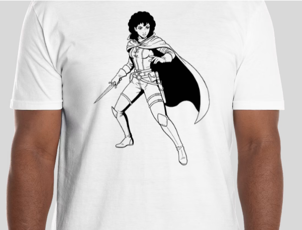 Line art illustration of a woman in an action pose, wearing a hooded cape, holding a sword, with a confident expression.