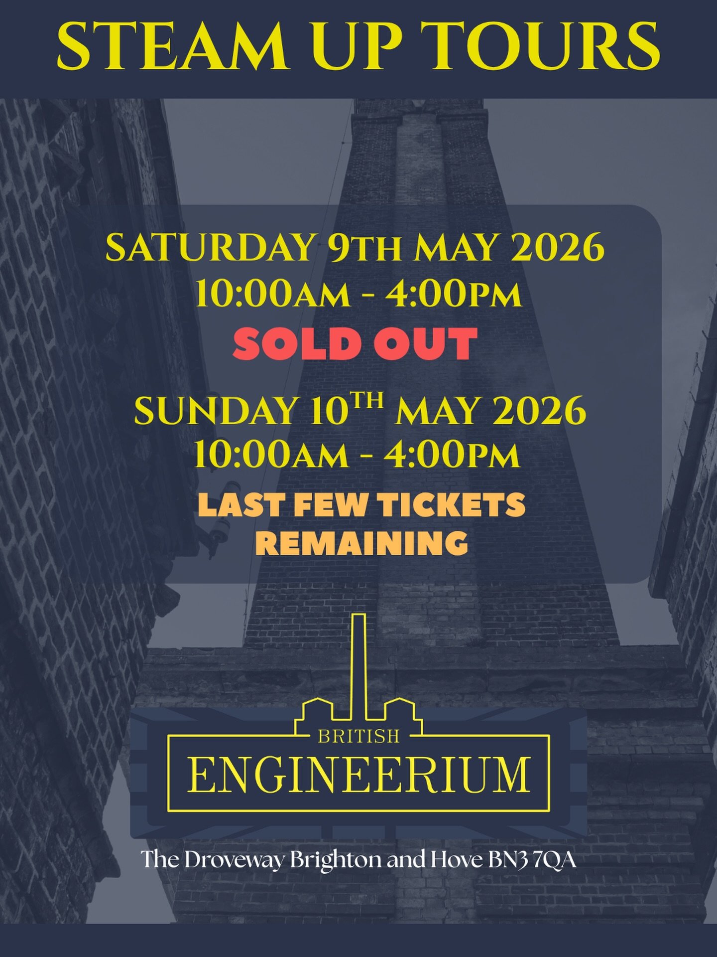 🚂 Ticket Update &ndash; Steam Up Tours 🚂

Saturday is now officially SOLD OUT! 🎉

There are just a handful of tickets remaining for our Sunday slots, and today is your last chance to buy online.

A limited number of tickets will be available on th