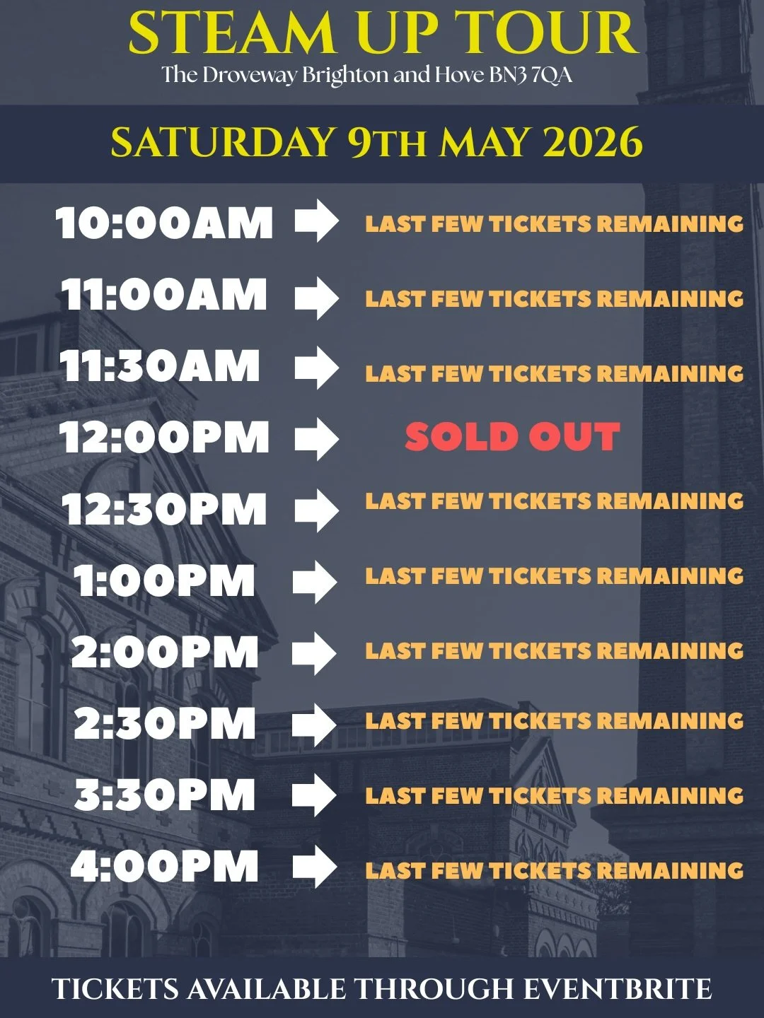 🚂 Ticket Update 🚂

Tickets for our Steam Up Tour at The British Engineerium are going fast &mdash; it&rsquo;s shaping up to be a busy one! Don&rsquo;t miss your chance to experience the sights, sounds, and atmosphere of our historic steam machinery