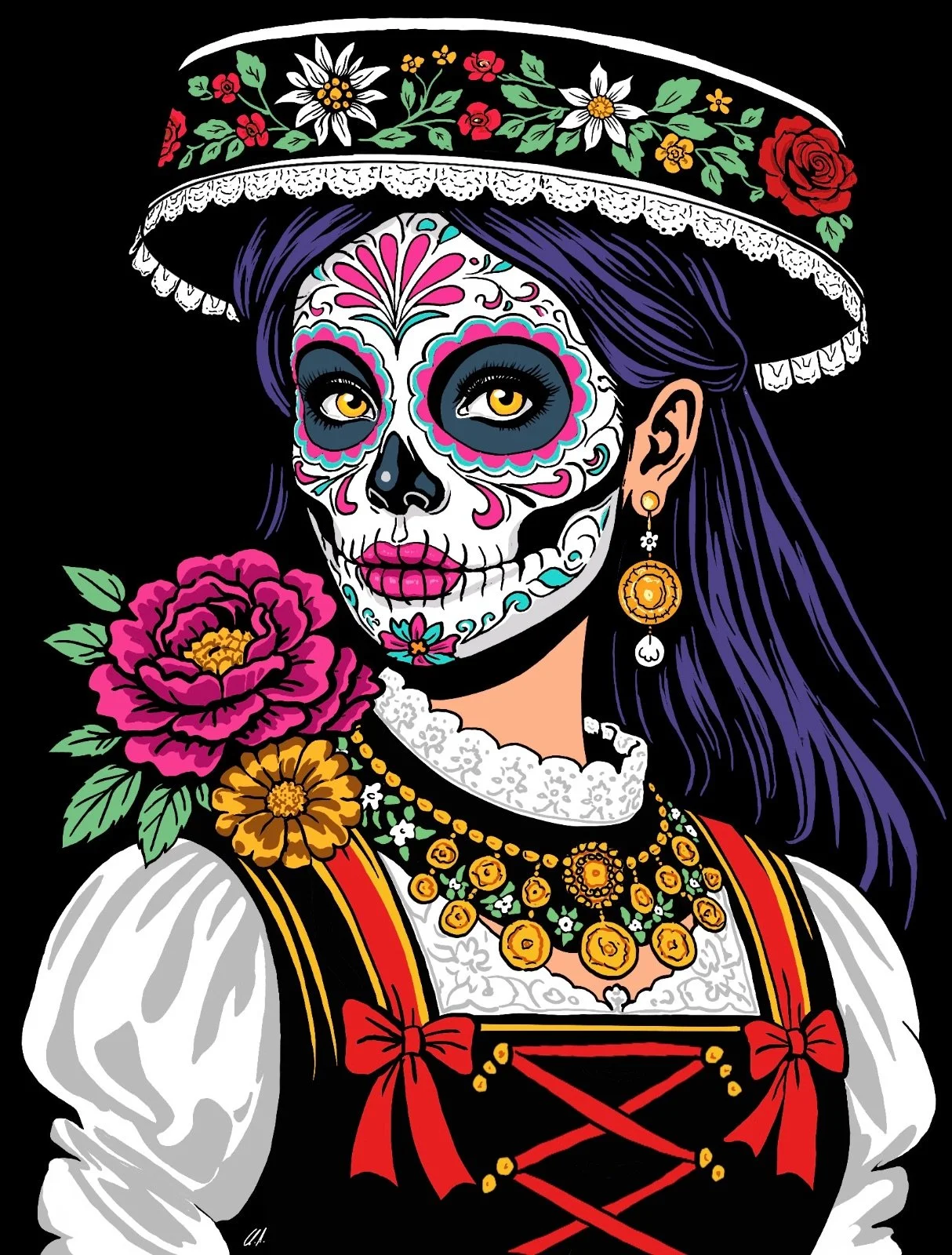 Ein stilisiertes Porträt einer Frau mit einer Totenkopfmaske im mexikanischen Día de los Muertos Stil, mit Blumen, Schmuck und Appenzeller-Tracht auf schwarzem Hintergrund.