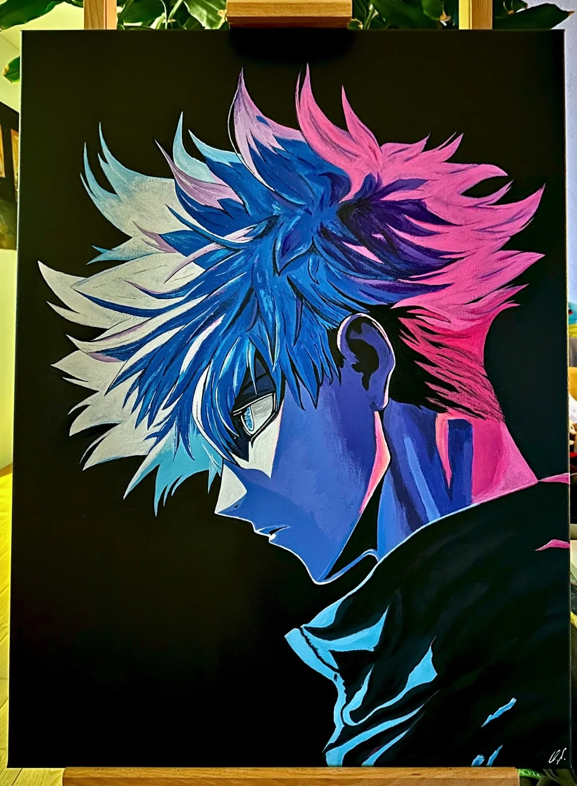 Satoru Gojo Fanart auf Leinwand | Acrylportrait in Neon-Blau & Magenta — ideal für Jujutsu-Kaisen-Sammler.