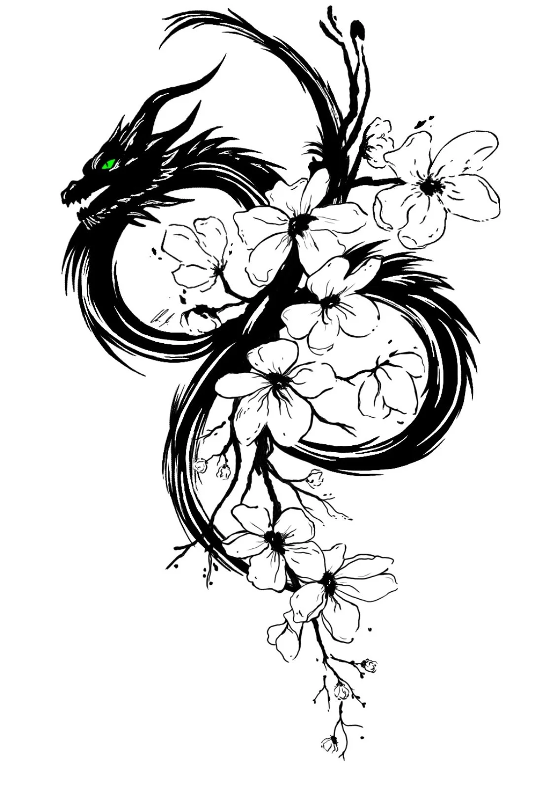 Schwarzer Drache mit grünen Augen, umgeben von weißen Kirschblüten in einem schwarzen und weißen Tattoo-Design.