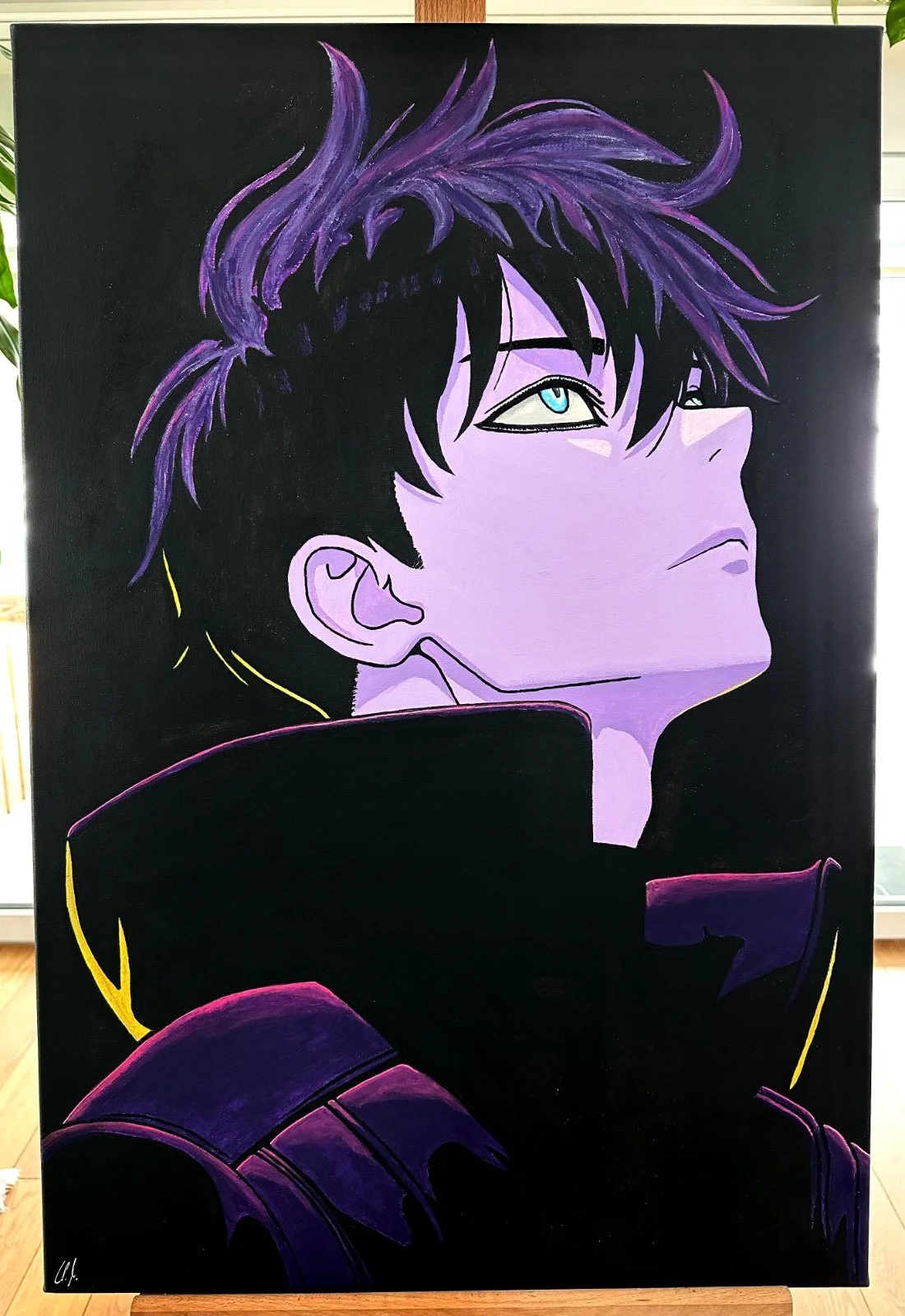 Nicht-kommerzielles Anime-Fanart von Jin-Woo Sung (Solo Leveling). Ausdrucksstarkes Porträt in dunklen Violetttönen mit emotionaler Tiefe.
