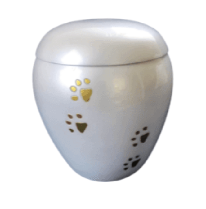En hvit urne med hundepoter.