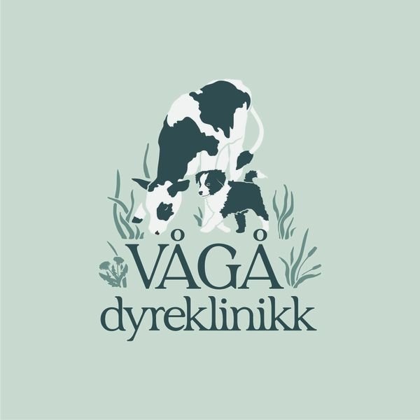 Illustrasjon av to hunder, en voksen og en valp, med gress og blomster, og teksten 'VÅGA dyreklinikker'.