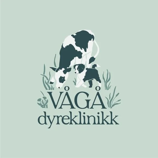 Illustrasjon av en stor og en liten hund med vegetasjon rundt, og teksten "VÅGA dyreklinikk".