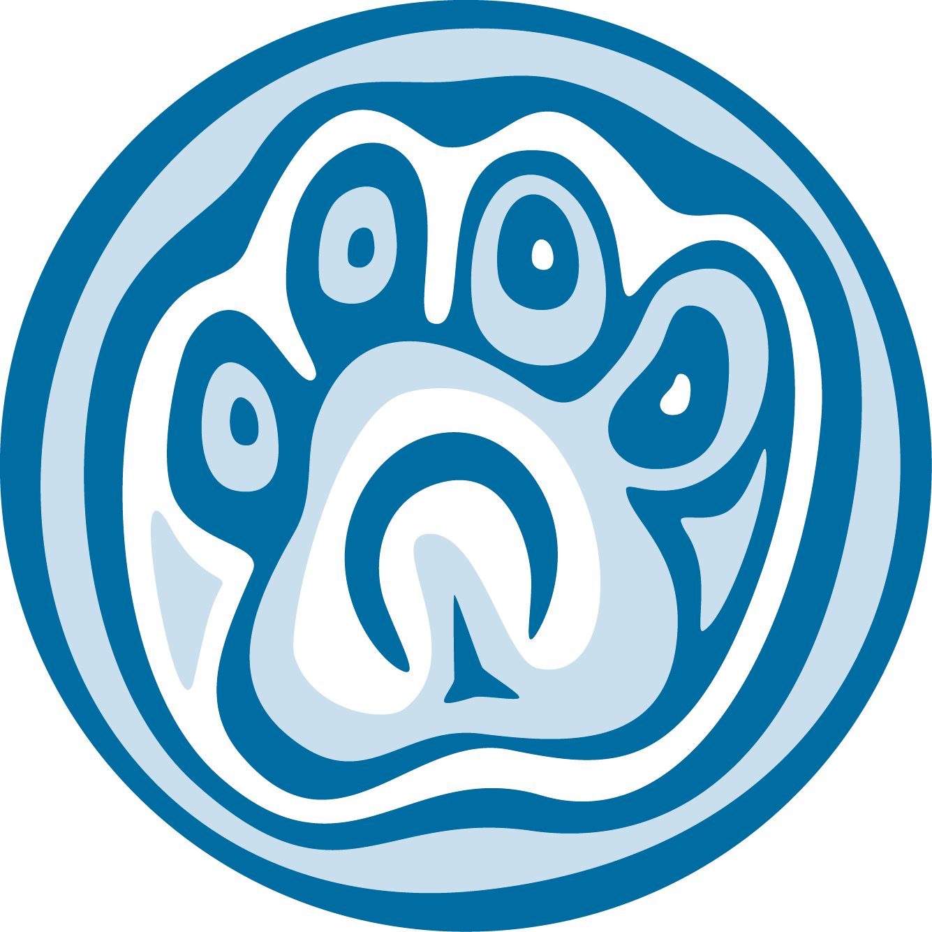 En abstrakt, blå og hvit sirkelkunst med en geometrisk design.