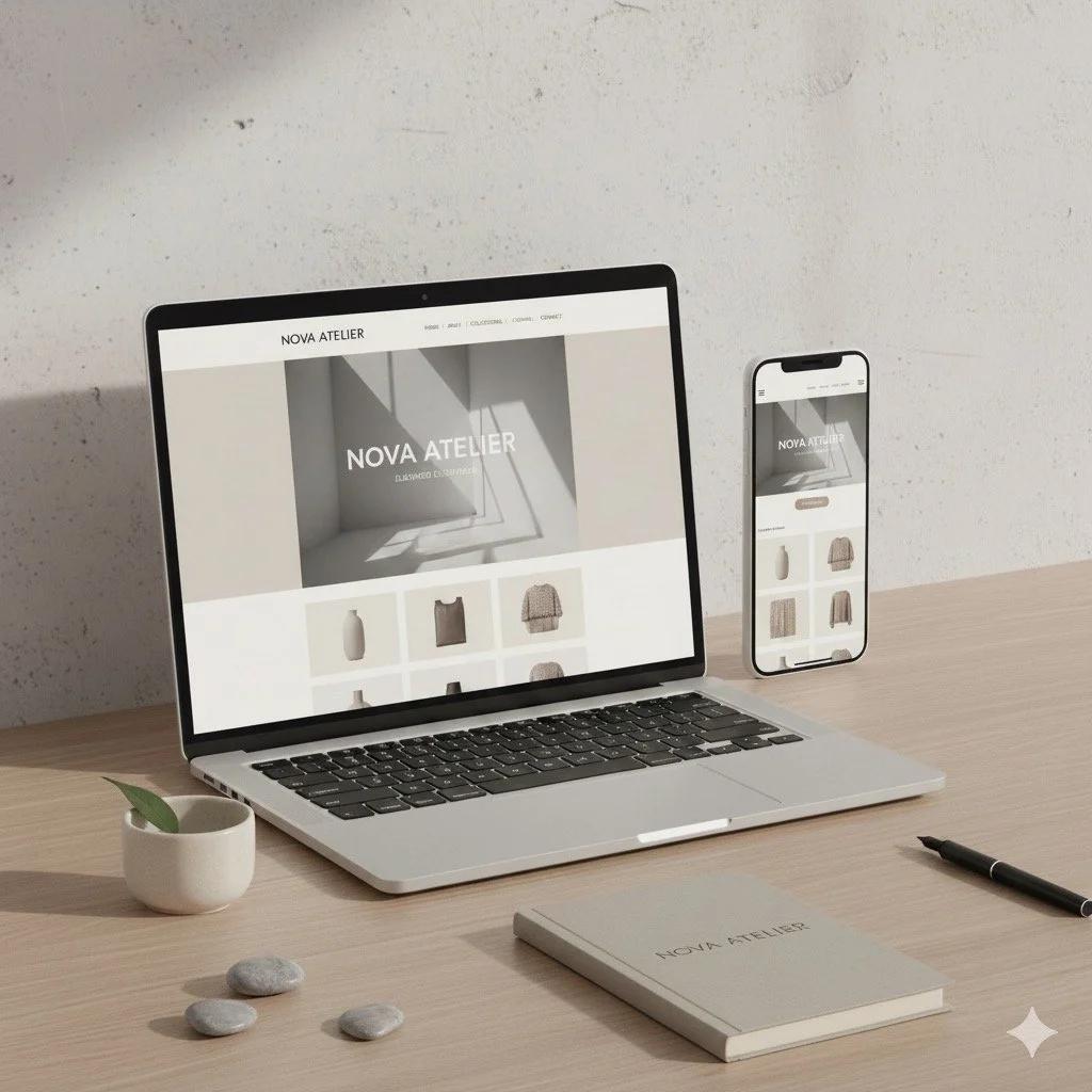 Una scrivania con un laptop, uno smartphone, un quaderno, un penna, un barattolo con una pianta e alcuni sassi, tutti disposti ordinatamente.