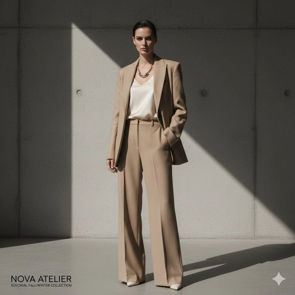 Donna in abbigliamento formale beige sulla passerella durante la collezione autunno/inverno di Nova Atelier.