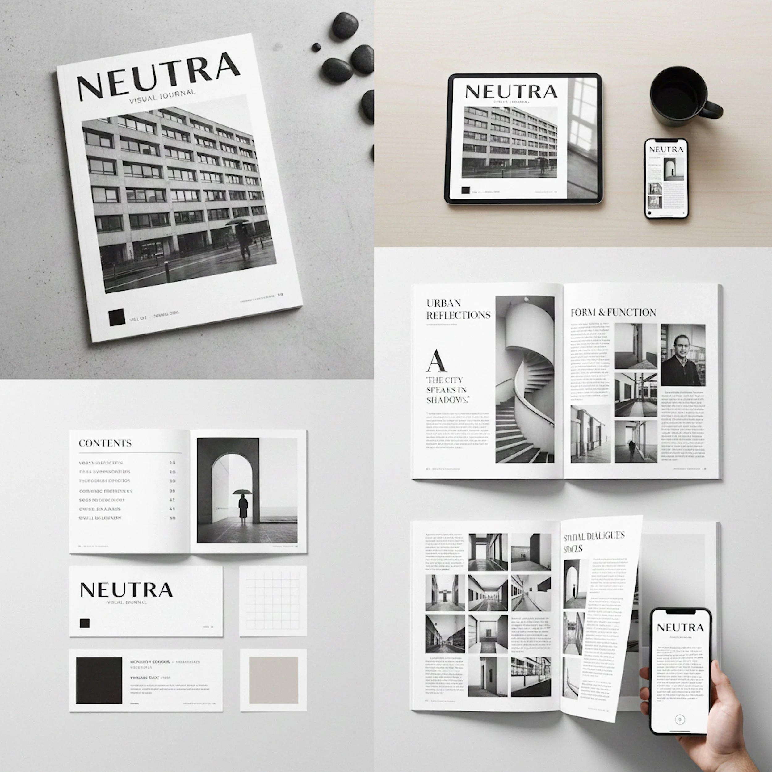 Numerose immagini di una rivista intitolata "NEUTRA" che presenta fotografia architettonica in bianco e nero, inclusi opuscoli, un tablet, uno smartphone, una tazza e campioni di cartoncino in vari toni di grigio, disposti su superfici bianche e un tavolo di legno chiaro.