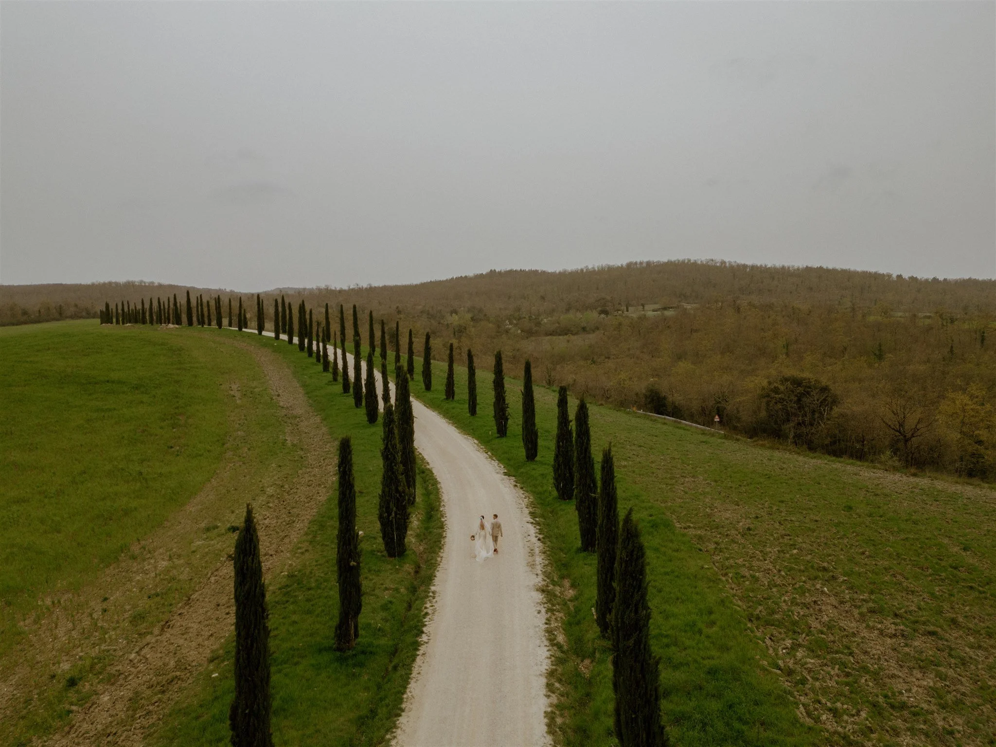 A couple in wedding attire walking down a winding dirt road lined with tall cypress trees on either side, with rolling hills and sparse trees in the background under an overcast sky.