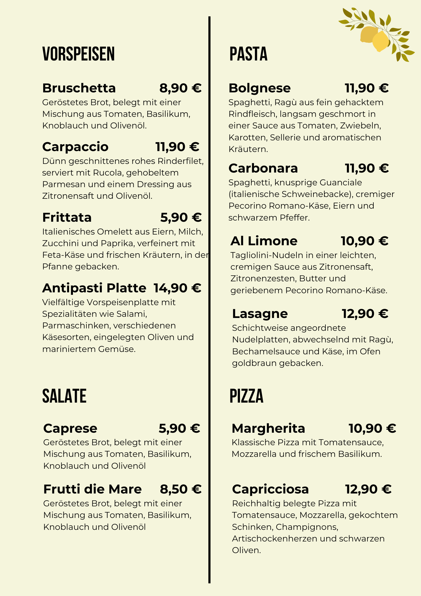 Design des Inhalts einer Speisekarte für ein italienisches Restaurant