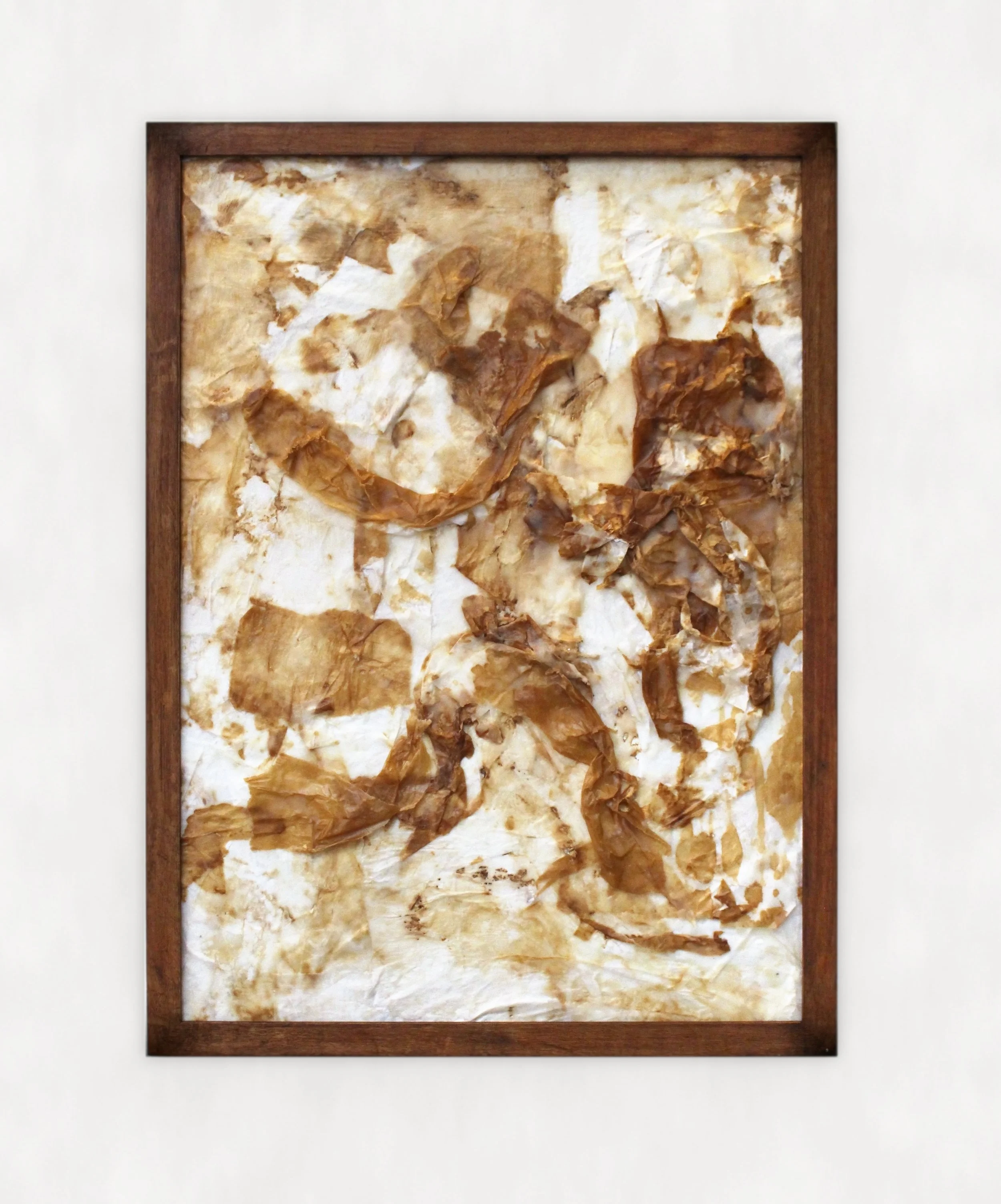 Residue,  2026. Hanji (Korean calligraphy paper) stained with soy sauce, wax, plywood, wooden frame—58 x 78.5cm