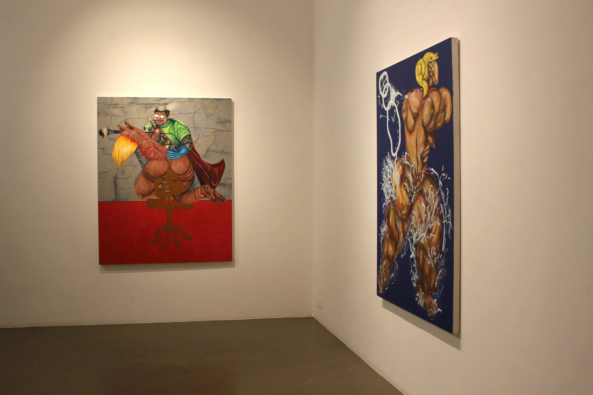 Left: Don Quixote and His Stool, 2023. Acrylic on canvas — 140 x 160 cm.
Right: The Dolphin Has to Resurface to Breathe, 2022. Acrylic on canvas — 140 x 160 cm.