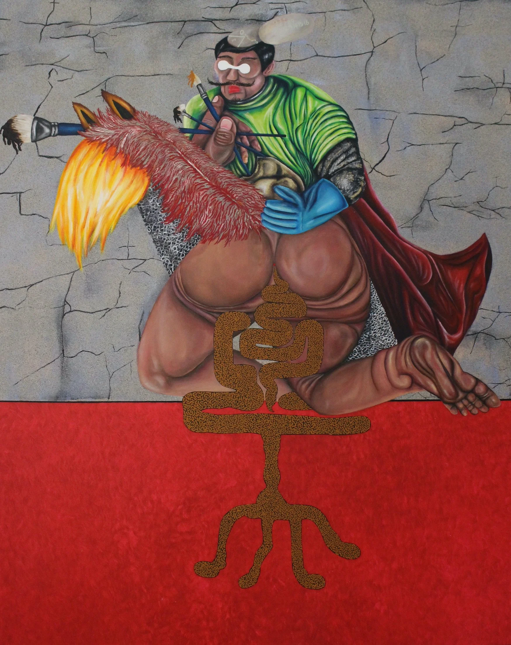 Don Quixote and His Stool, 2023. Acrylic on canvas — 140 x 160 cm