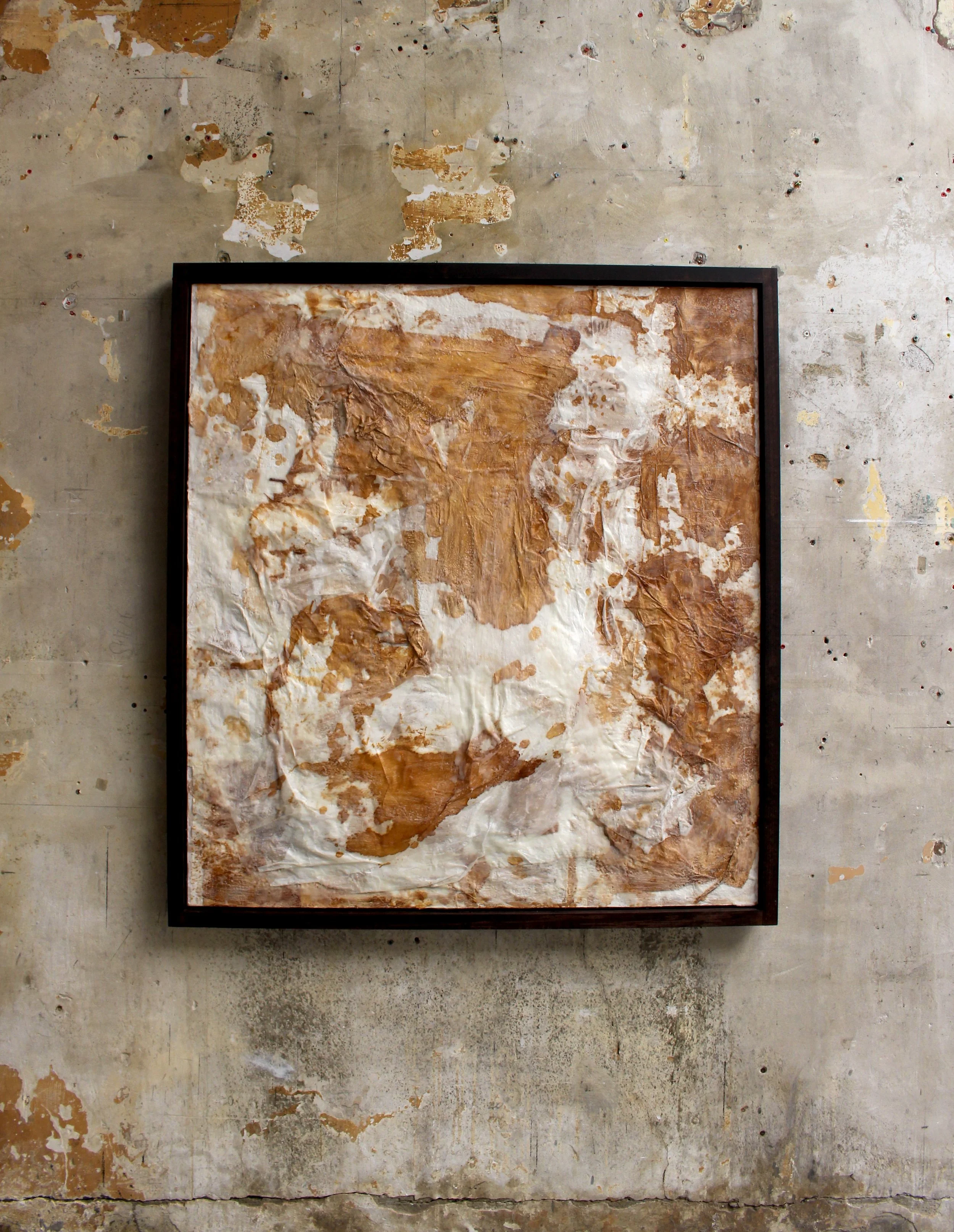 Residue, 2026. Hanji (Korean calligraphy paper) stained with soy sauce, wax, plywood, wooden frame—117x127cm 
