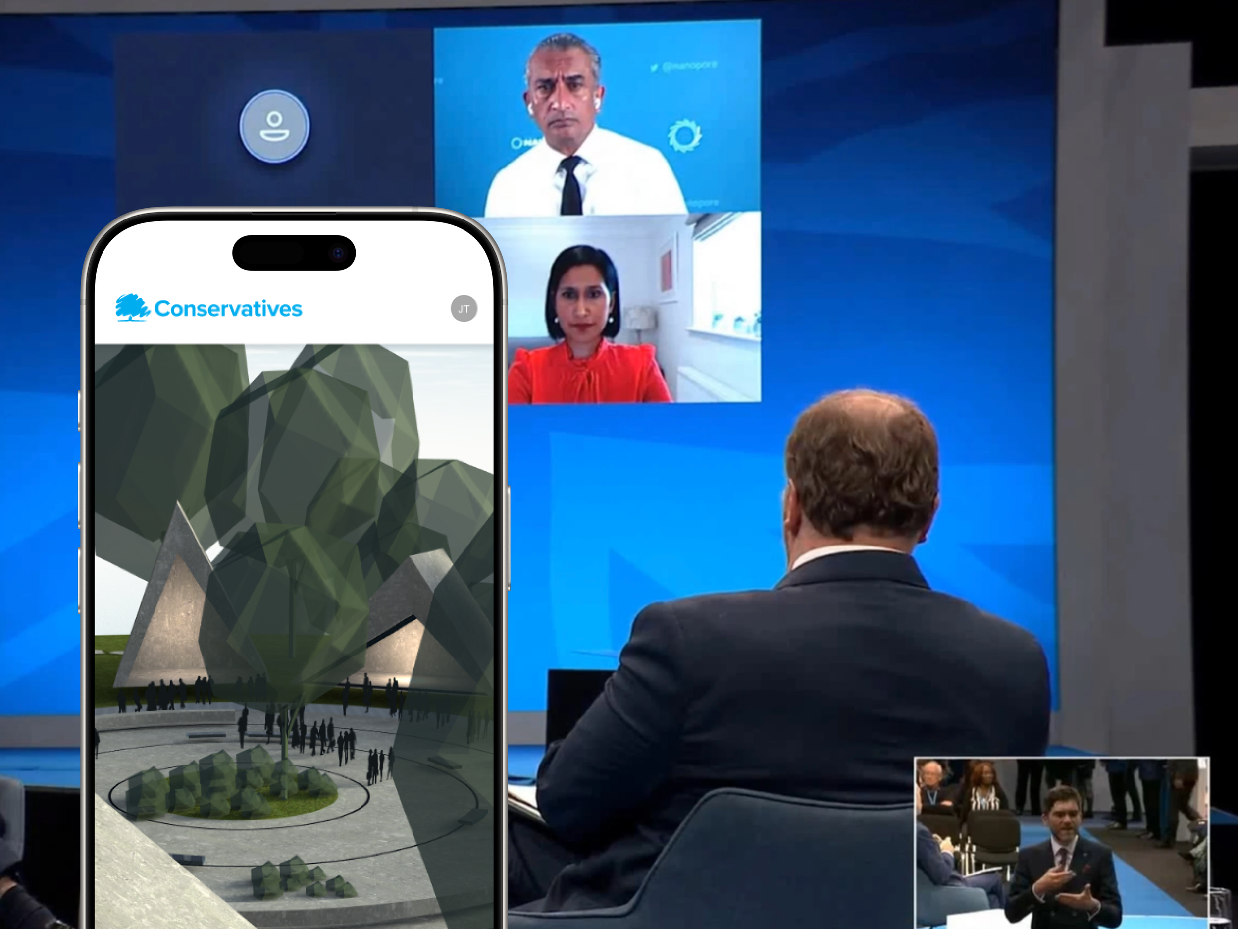 An iphone screen showing the conservative party conference digital experience, overlayed onto an image of the physical event with a hybrid set up