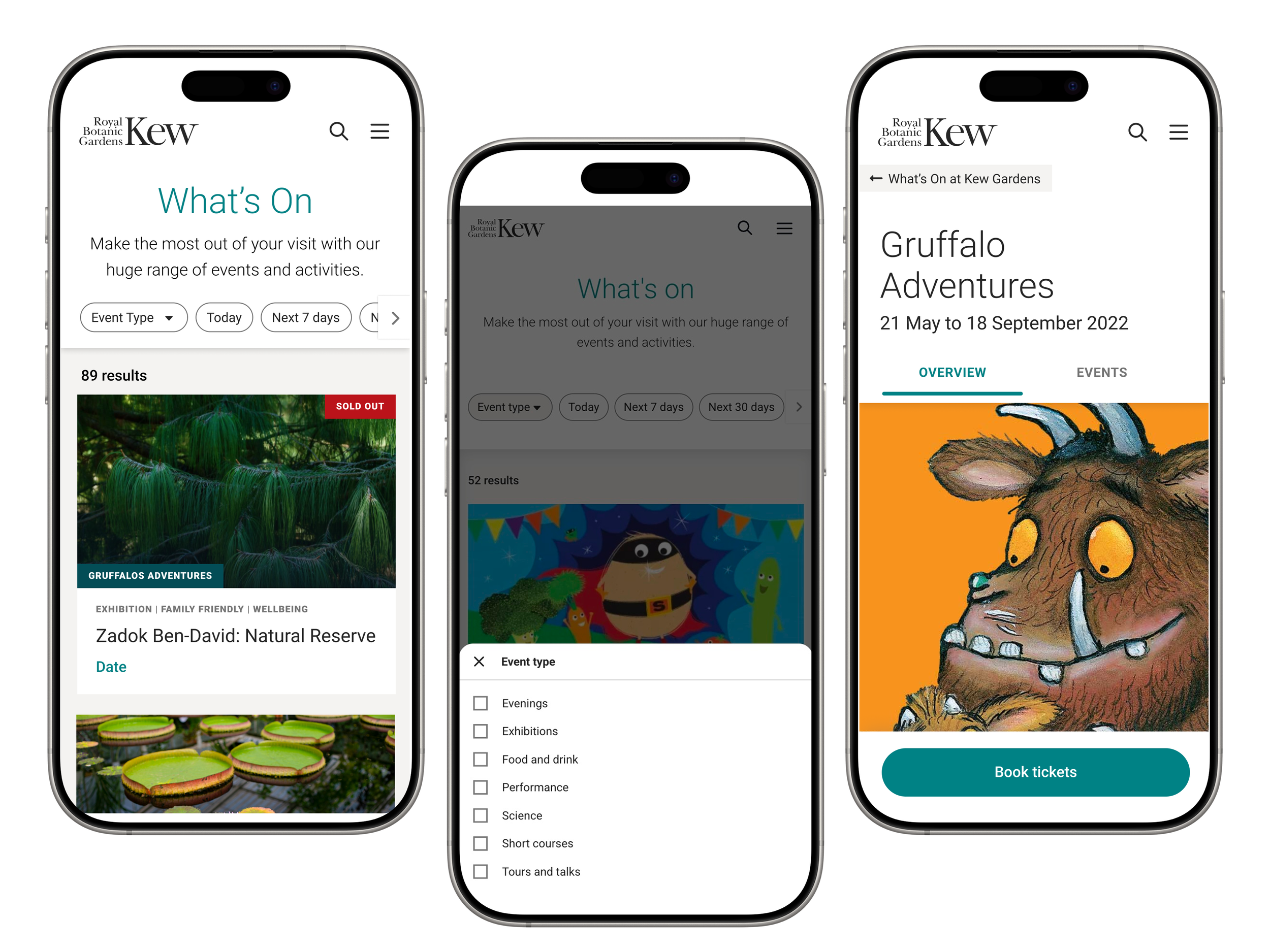 3 iPhone screens showing the user journey for a user searching for an event at Kew Gardens