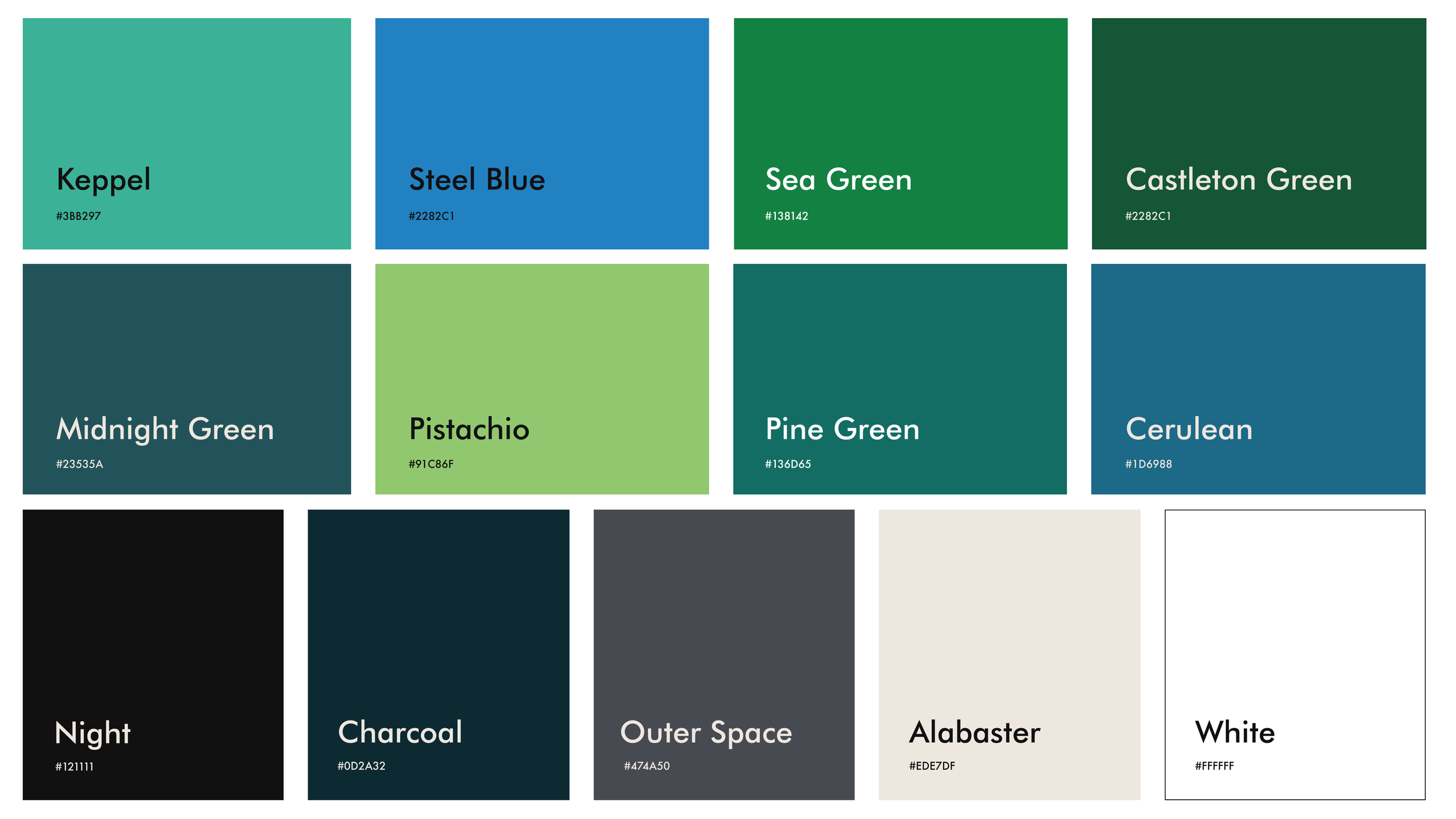 Colour palette of blues, greens and complementary dark and light shades