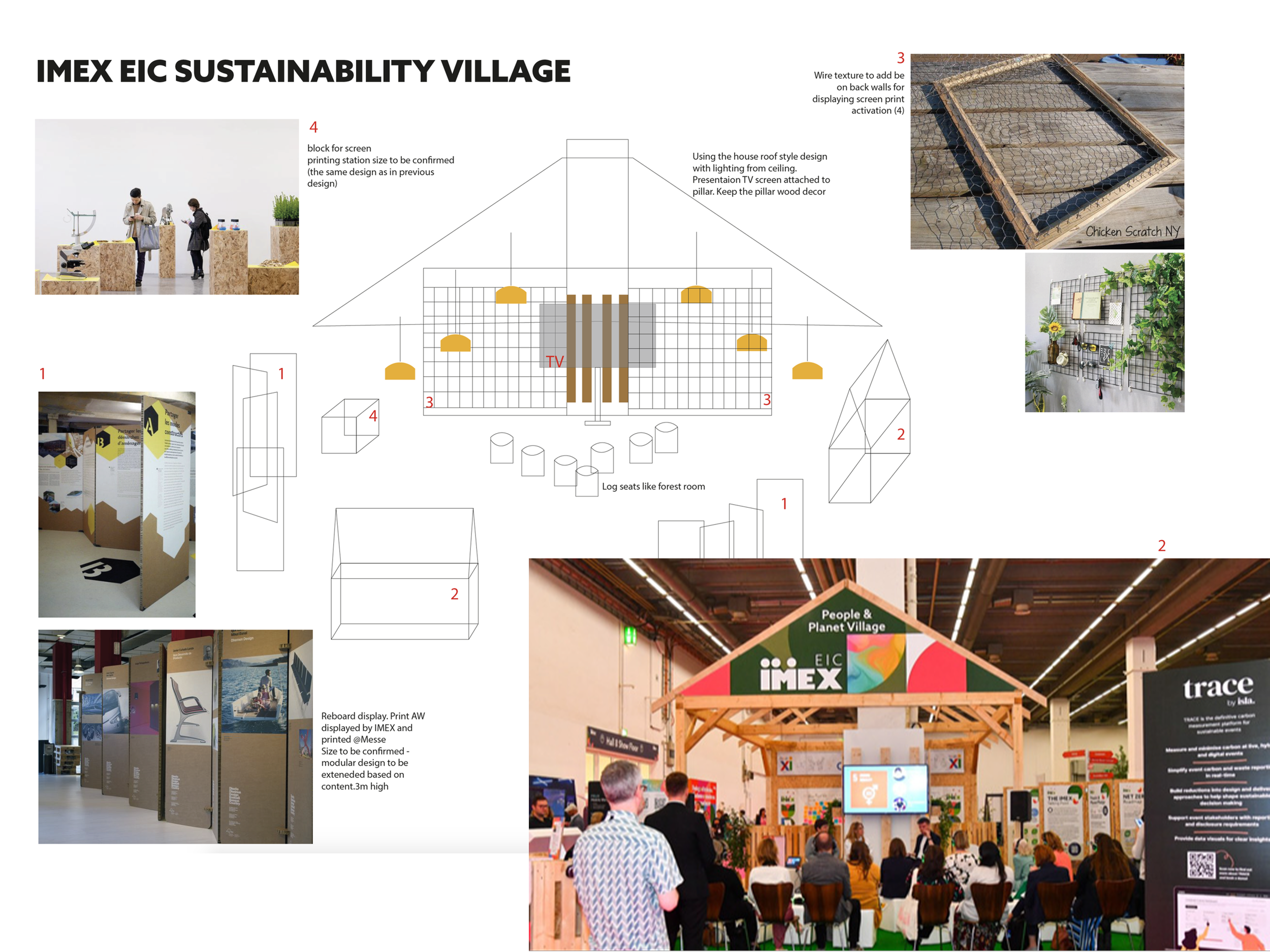 3D technical drawing of a physical built space designed for people to listen to sustainability talks, overlayed with an image of space built