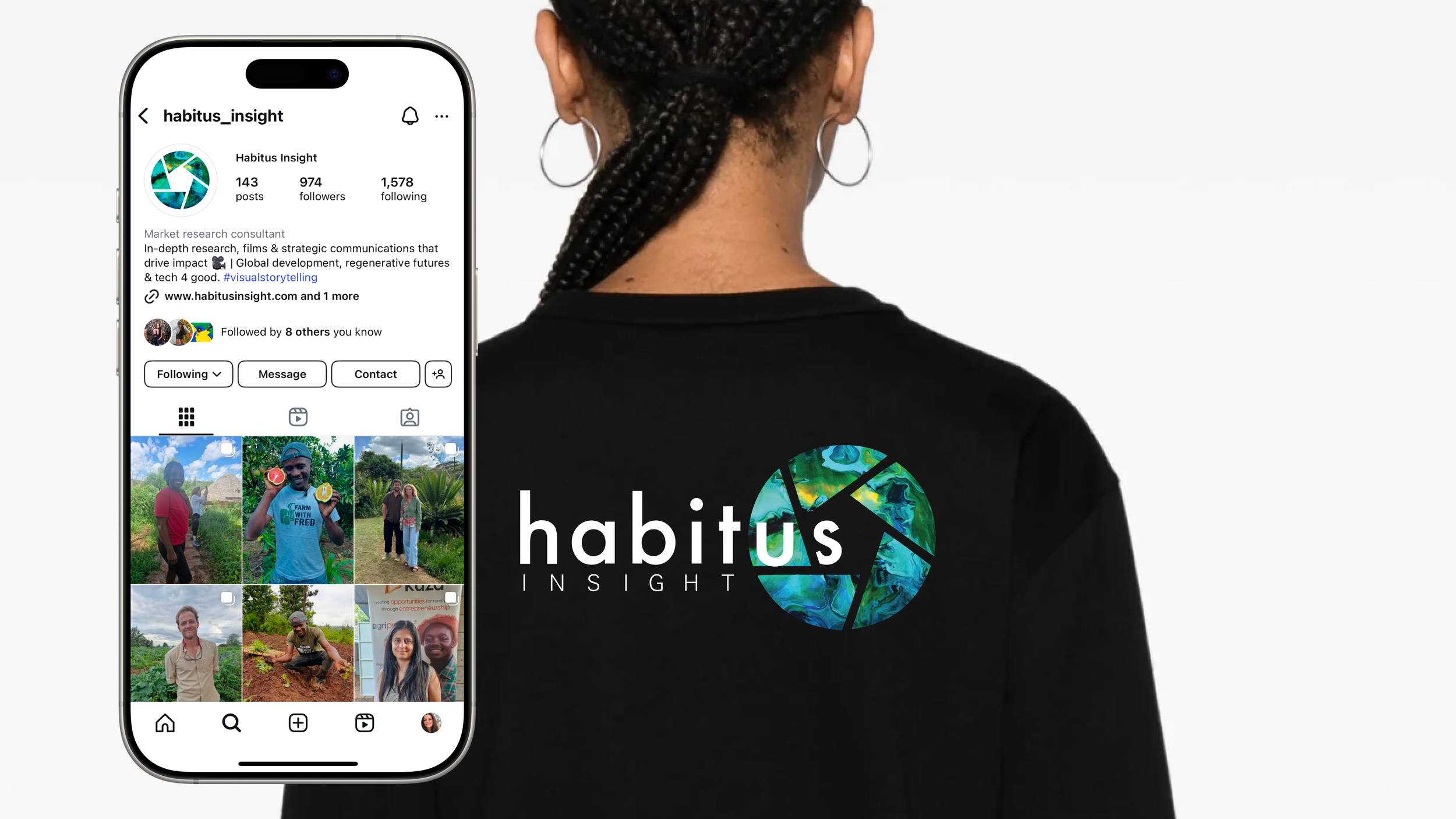 Habitus logo on the back of a long sleeve top and an iphone showing the habitus logo on instagram