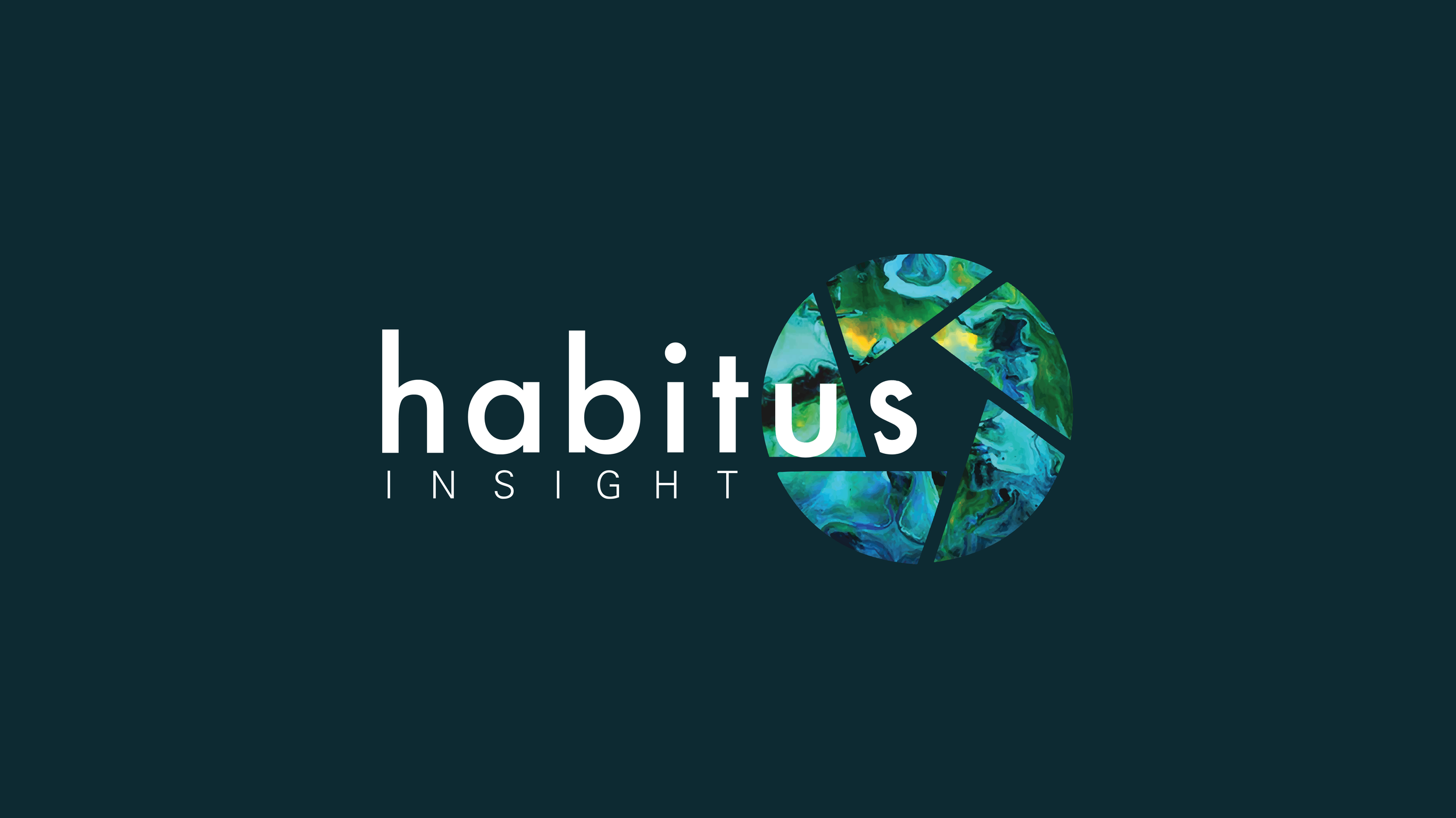 Habitus insight logo, the words habitus insight including a camera shutter with a bokeh painting effect of colors: blue, green, yellow and dark blue on a dark background