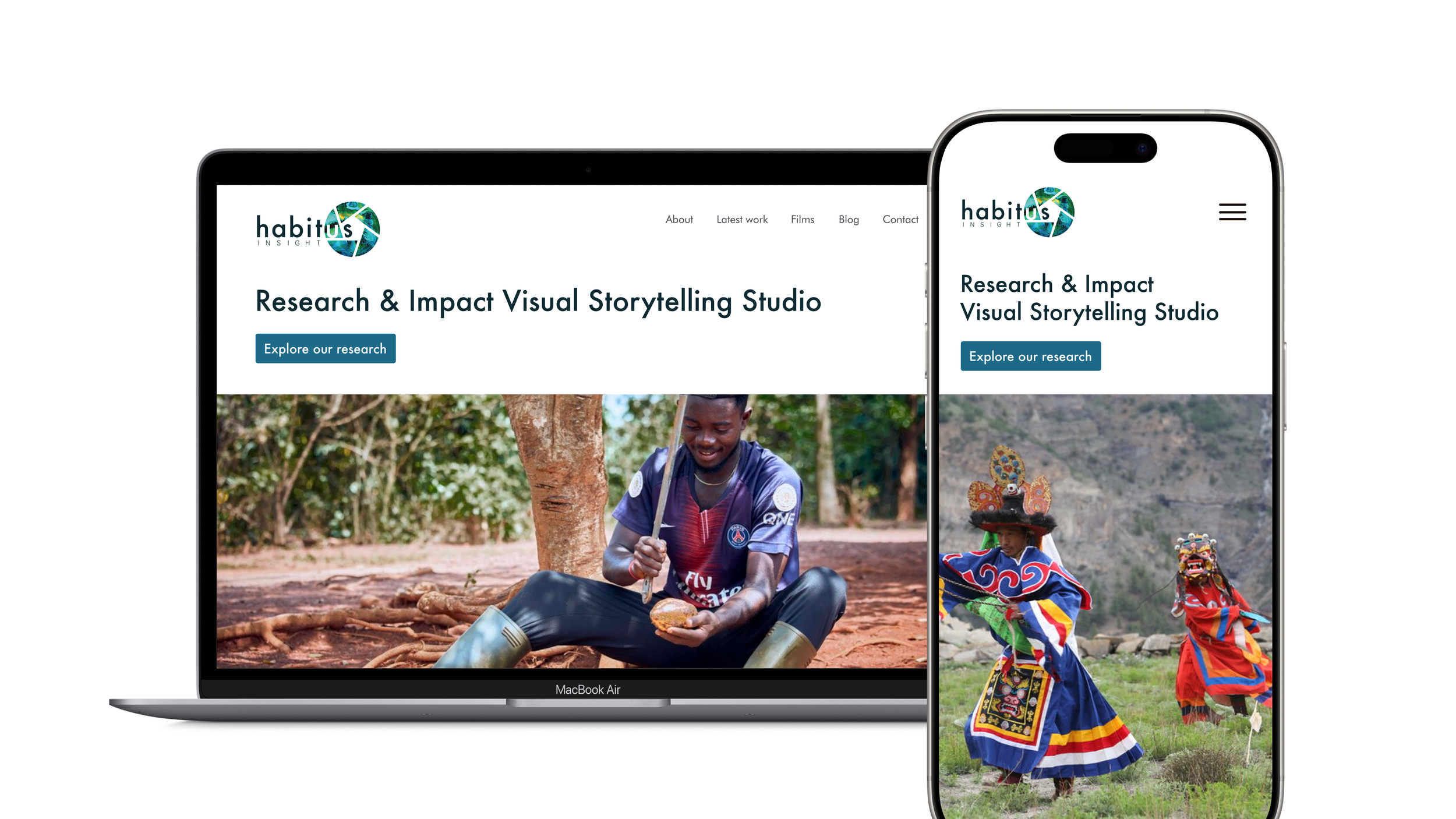 Habitus brand visualised on a website homepage shown on a laptop and phone