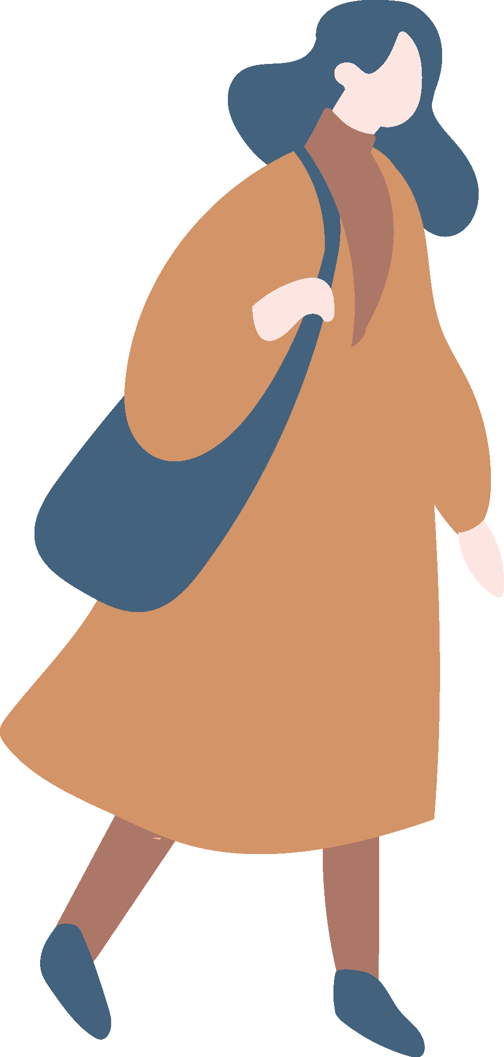 Stylized illustration of a person with long blue hair, wearing a brown coat and handbag.