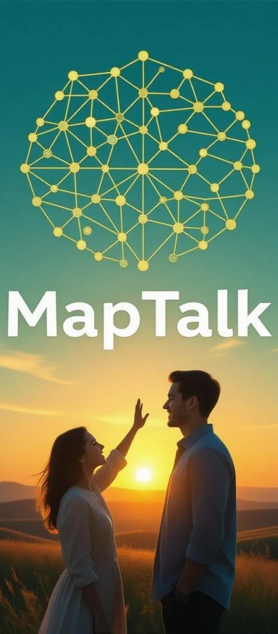 A woman and a man standing outdoors at sunset, facing each other, with the woman reaching out to the man. Above them is a stylized image of a connected network of yellow dots and lines, with the text 'MapTalk' in bold white letters.