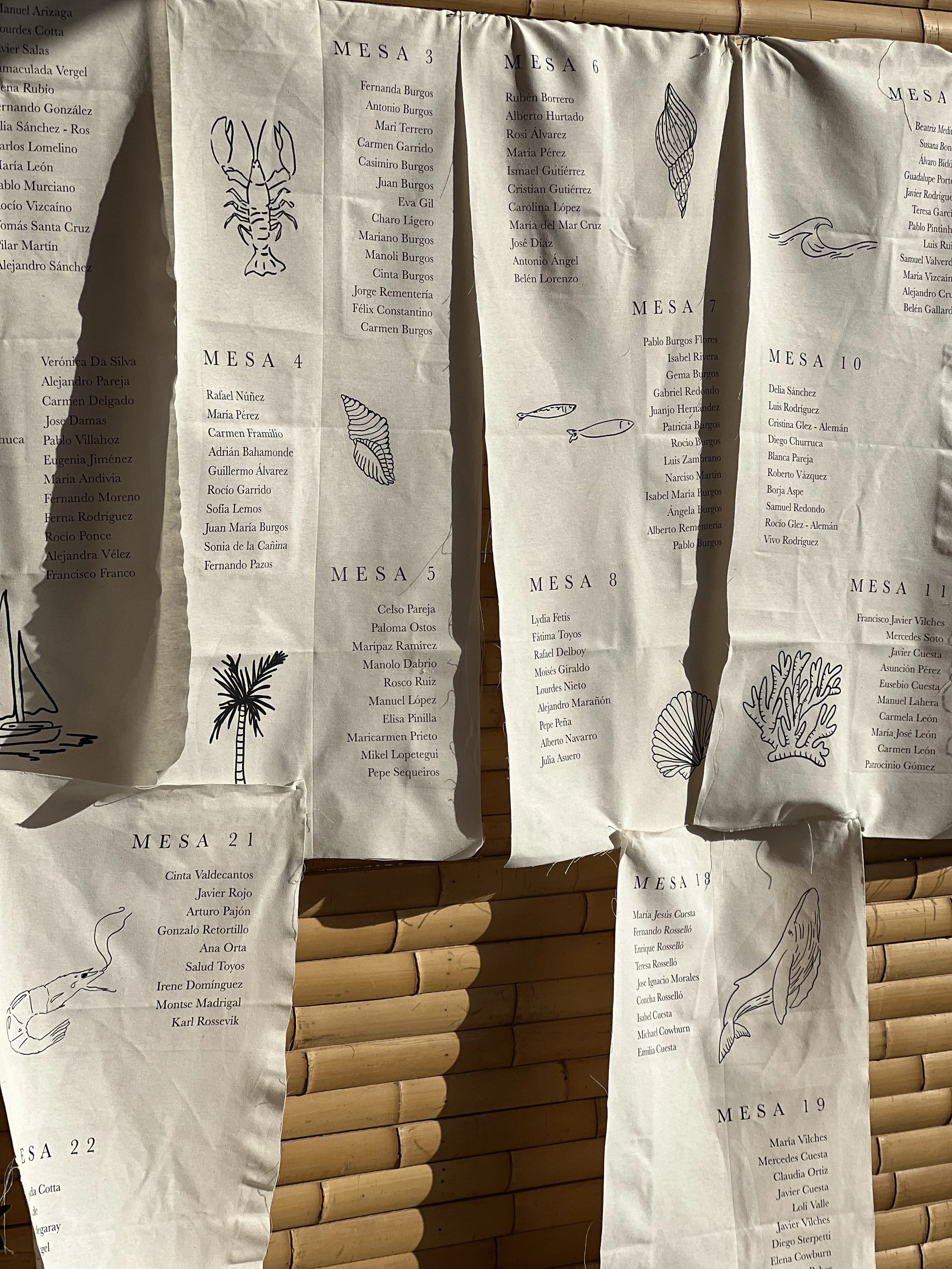 Lista de mesas con nombres de personas en una pared de papel, decorada con dibujos de animales marinos y plantas, en un ambiente informal.